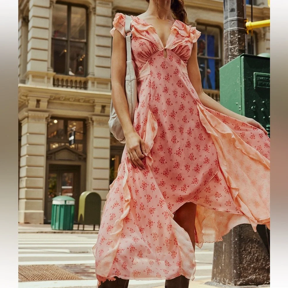 Free People Joaquin Floral Asymmetrical Hem Midi Dress in Peach Combo - Picture 1 of 14